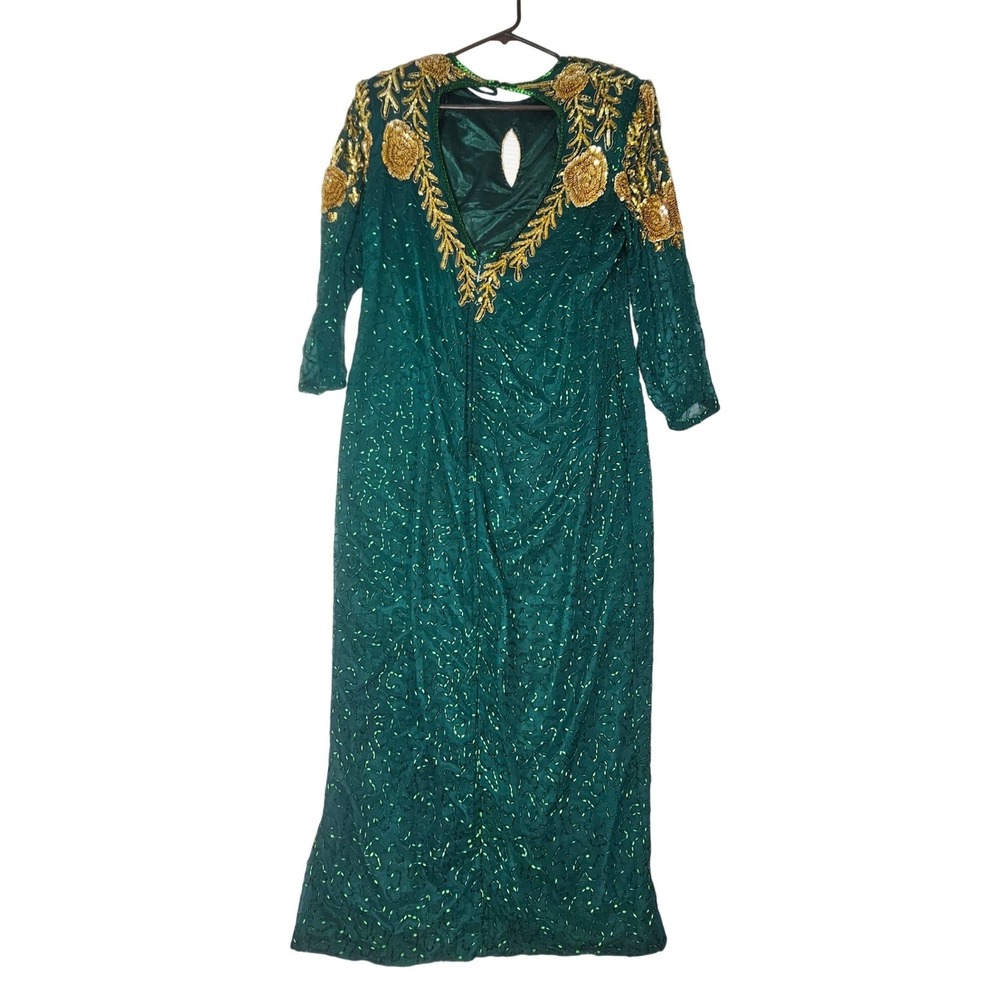 Vintage Emerald Green Beaded Evening Gown Gold Floral Embroidery Open Back Maxi